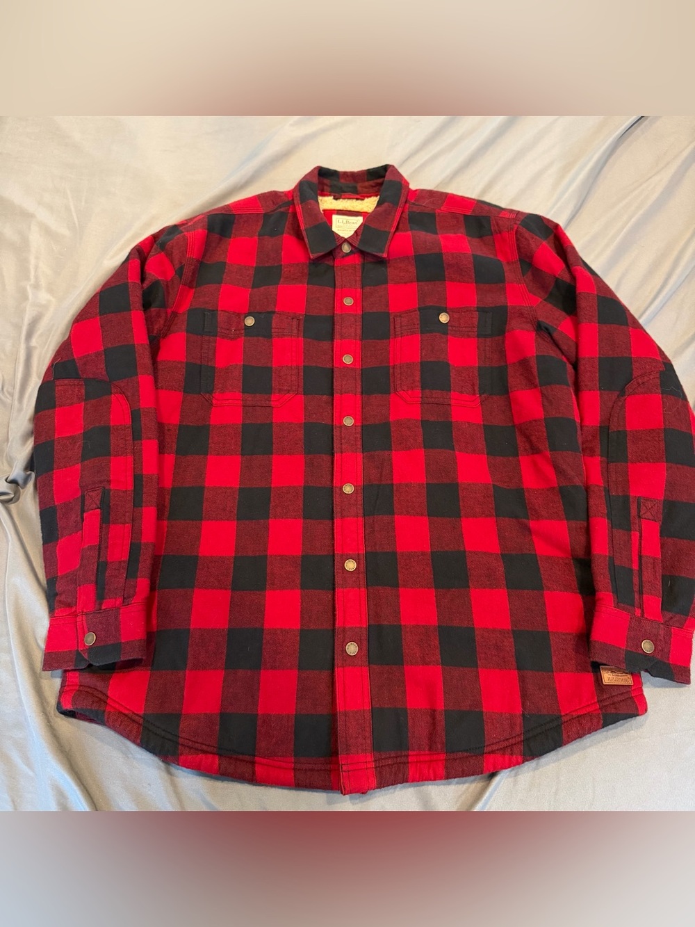 LL Bean Flannel  Mens L Sherpa Lined Plaid Shacket Slightly Fitted Lumberjack